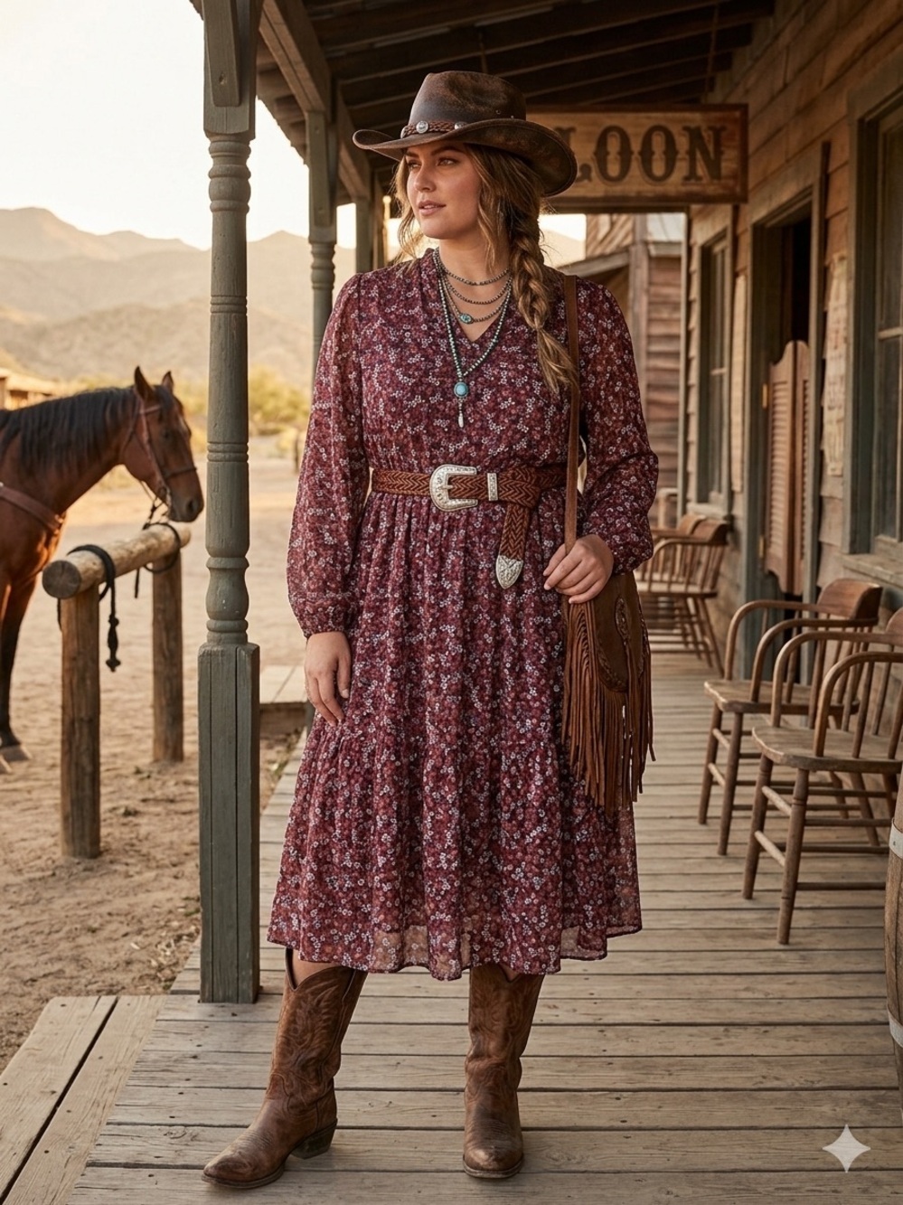 Lane Bryant Floral Print Lined Long Sleeve Prairie Dress Burgundy Size 14/16